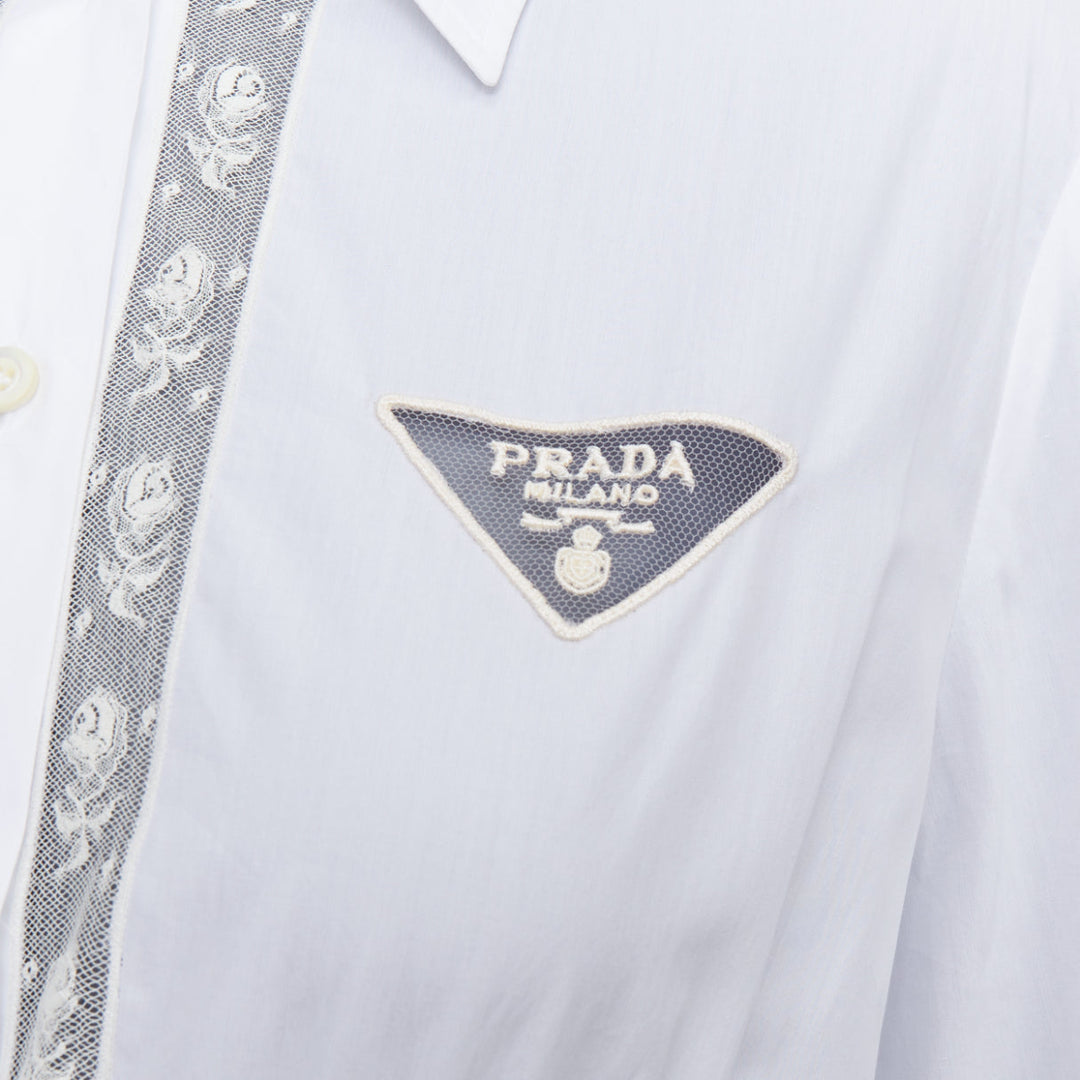 PRADA 2022 white cotton cream lace trim hollow logo cropped shirt IT38 XS