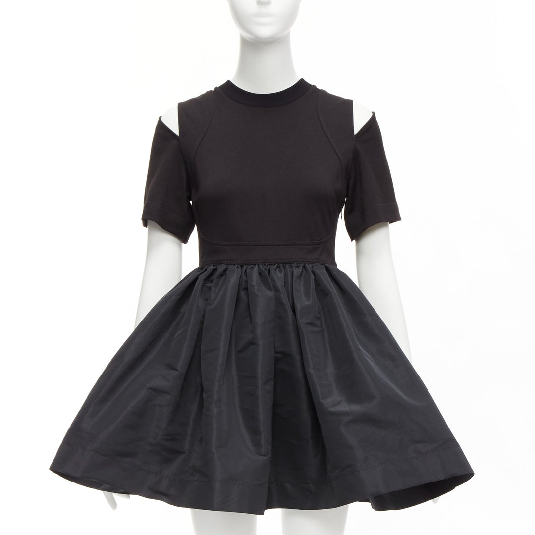 ALEXANDER MCQUEEN black cold shoulder fit flared taffeta skirt dress IT36 XXS