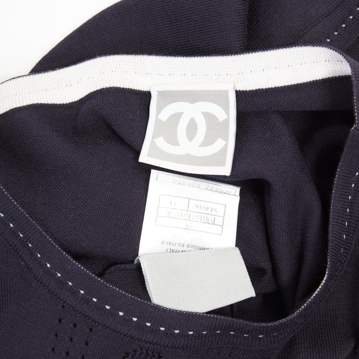 CHANEL SPORT 07C Vintage vertical logo intarsia knit short sleeve top FR34 XXS
