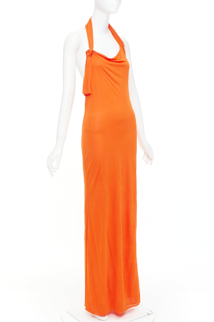 SAINT LAURENT 2023 orange asymmetric knot halter draped backless gown FR38 M