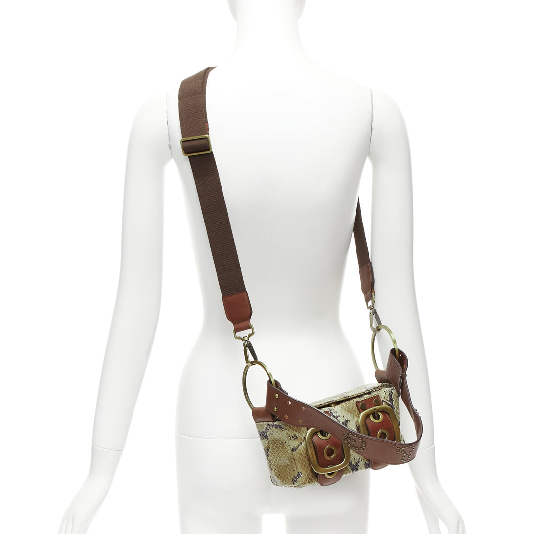 DOLCE GABBANA Vintage Y2K beige textured leather dual buckle boxy shoulder bag