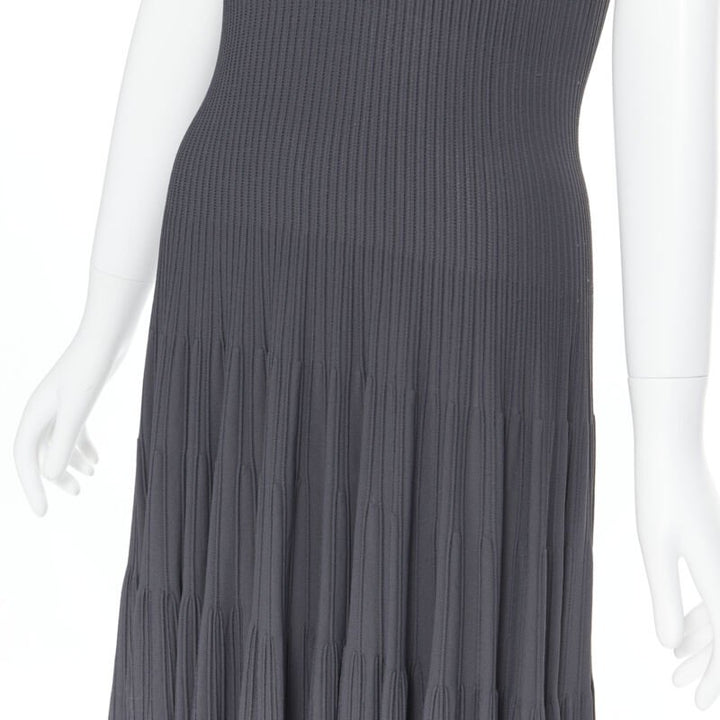 ALAIA dust grey ribbed V-neck sleeveless fit flared cocktail dress M