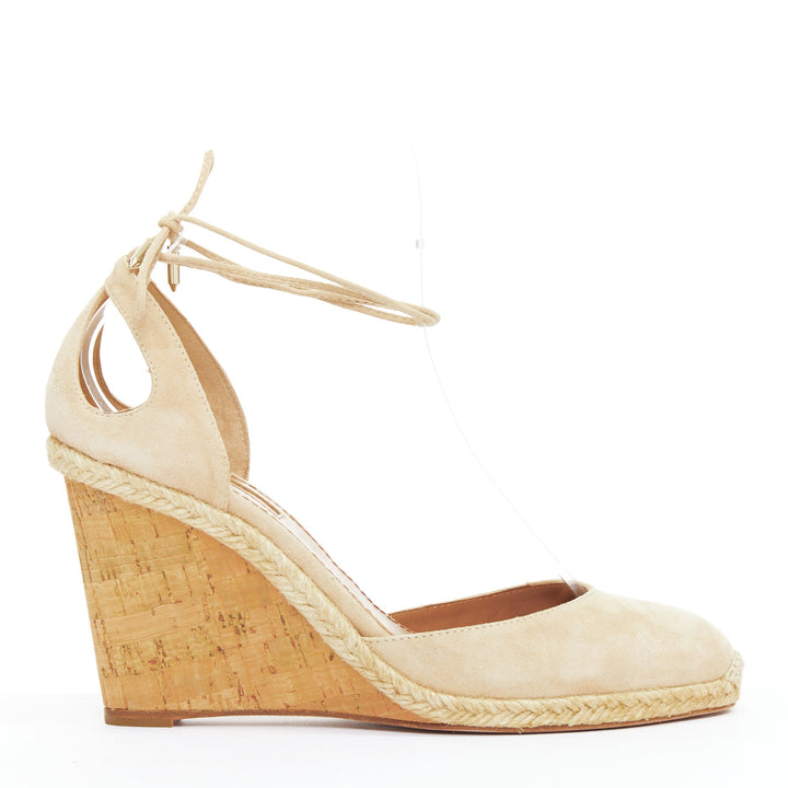 AQUAZZURA Karlie nude suede jute cork wedge pumps EU39