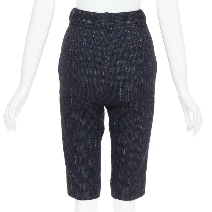 CHANEL navy metallic tweed CC button knee capri pants FR34 XS