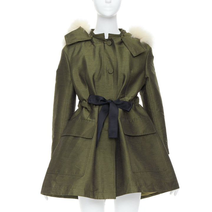 DIOR military green pocketed cream fur hood belted anorak coat FR34 XS