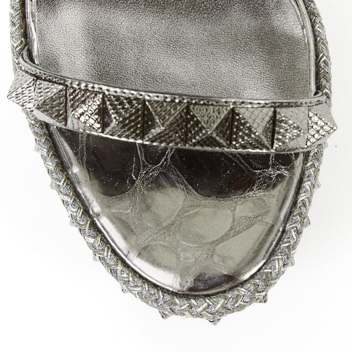 CHRISTIAN LOUBOUTIN Pyraclou 110 Anthracite silver studded espadrille wedge EU37