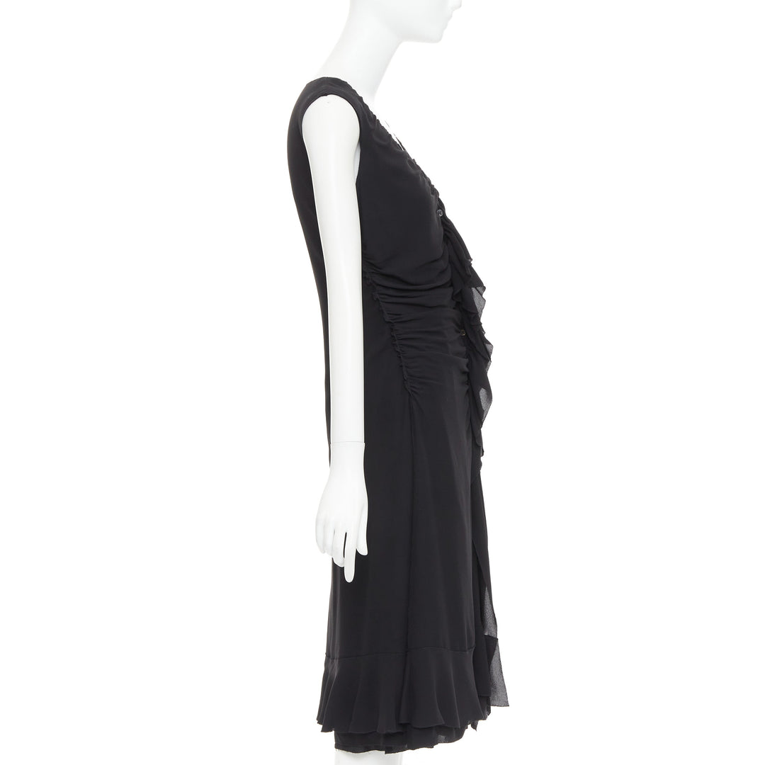 PRADA Vintage black silk ruched ruffle front V neck dress IT44 L