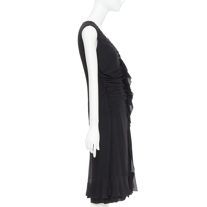 PRADA Vintage black silk ruched ruffle front V neck dress IT44 L
