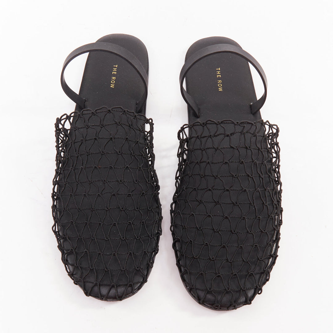 THE ROW 2021 Macrame Net black elastic strap fabric mesh slingback shoes EU36