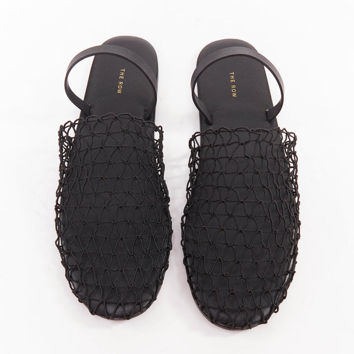 THE ROW 2021 Macrame Net black elastic strap fabric mesh slingback shoes EU36