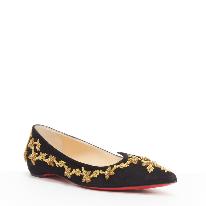 CHRISTIAN LOUBOUTIN black gold embroidery suede leather pointy flats EU35.5