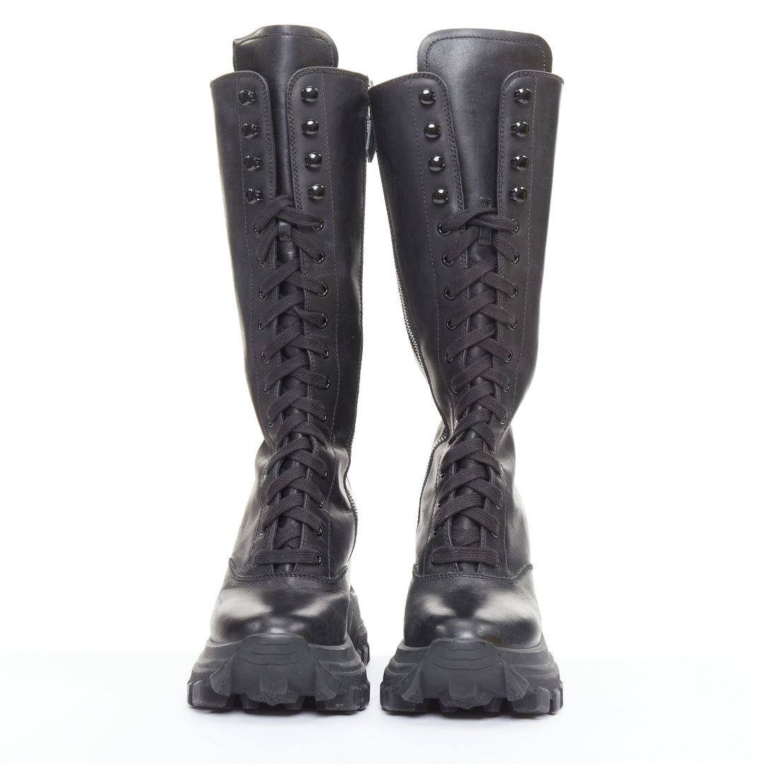 MIU MIU Runway black leather logo lace up chunky wedge tall boots EU39