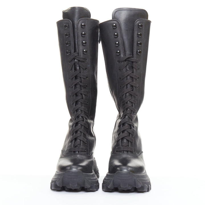 MIU MIU Runway black leather logo lace up chunky wedge tall boots EU39
