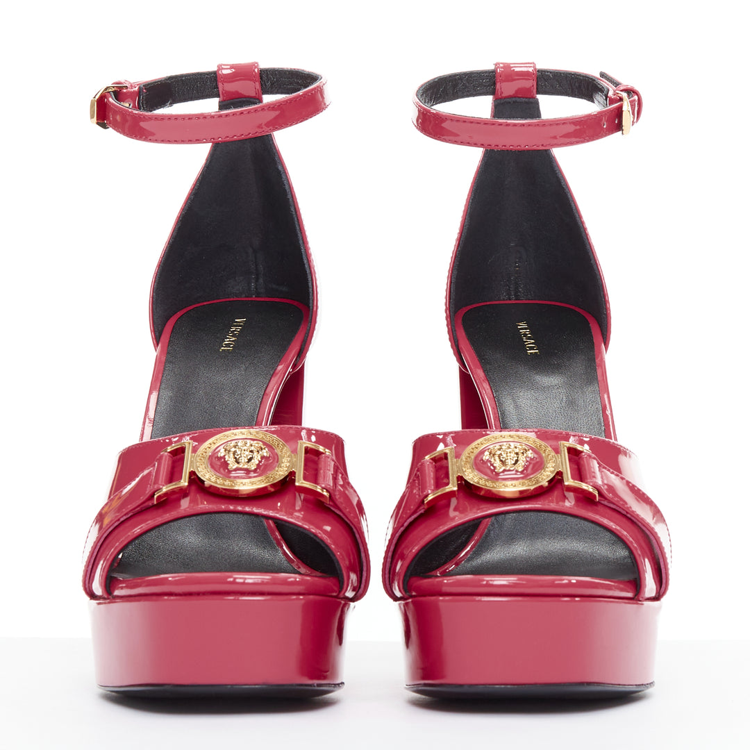 VERSACE Tribute fuschia pink patent Medusa emblem open toe platform sandal EU41