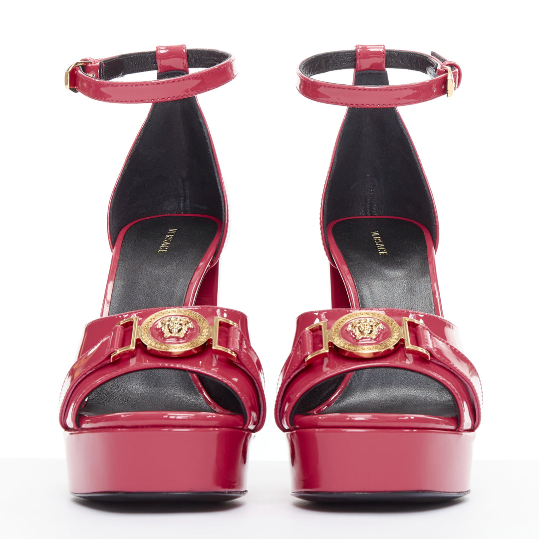 VERSACE Tribute fuschia pink patent Medusa emblem open toe platform sandal EU40