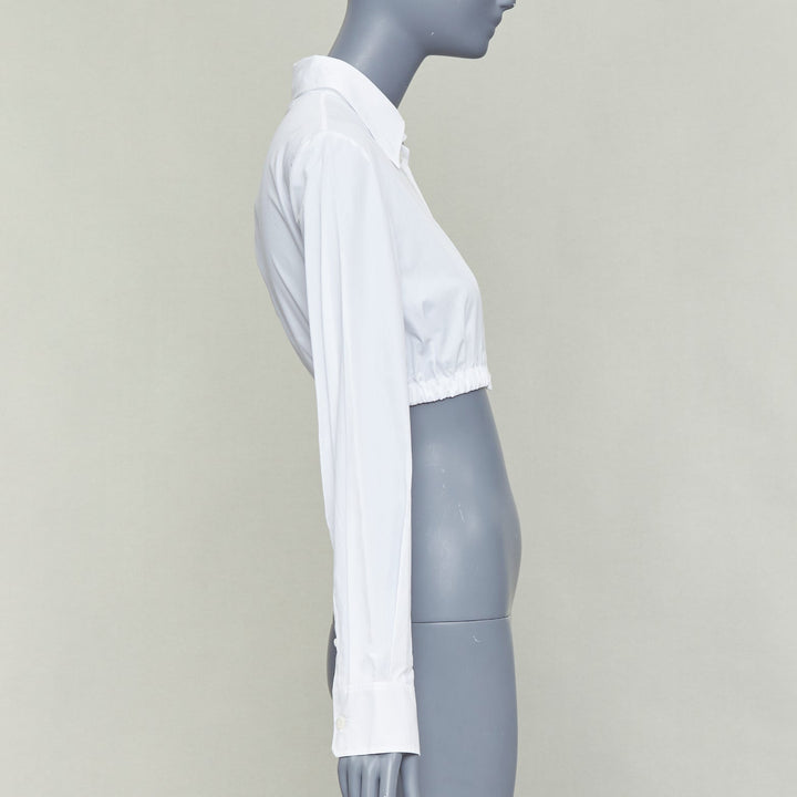 PRADA 2022 white cotton cream lace trim hollow logo cropped shirt IT38 XS