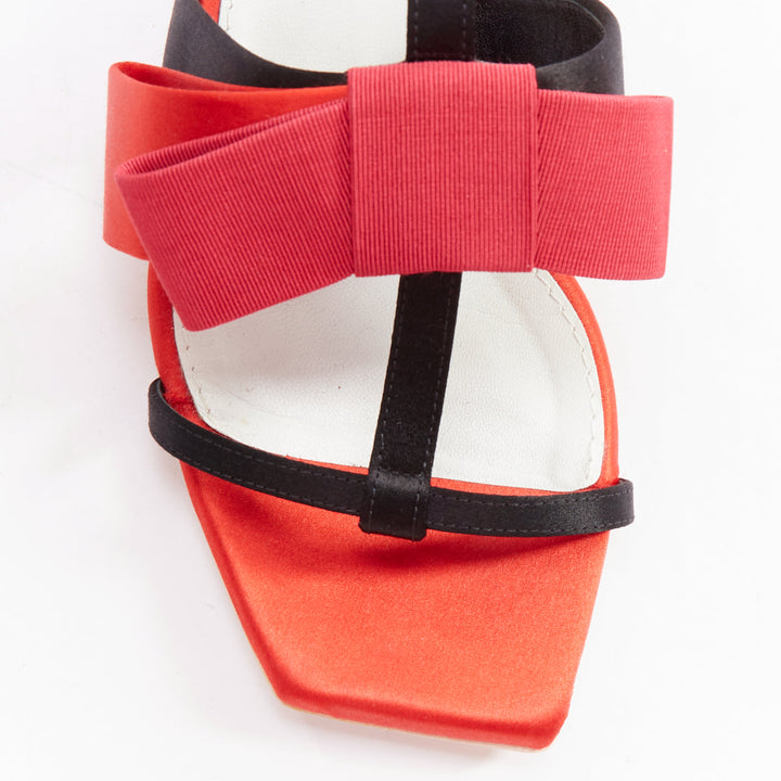 LANVIN 2018 Runway bow embellished red satin T-strap chunky sandals EU37