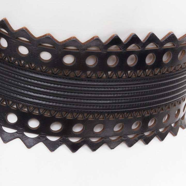 ALAIA Vienne black leather laser cut cinched corset wide belt 65cm