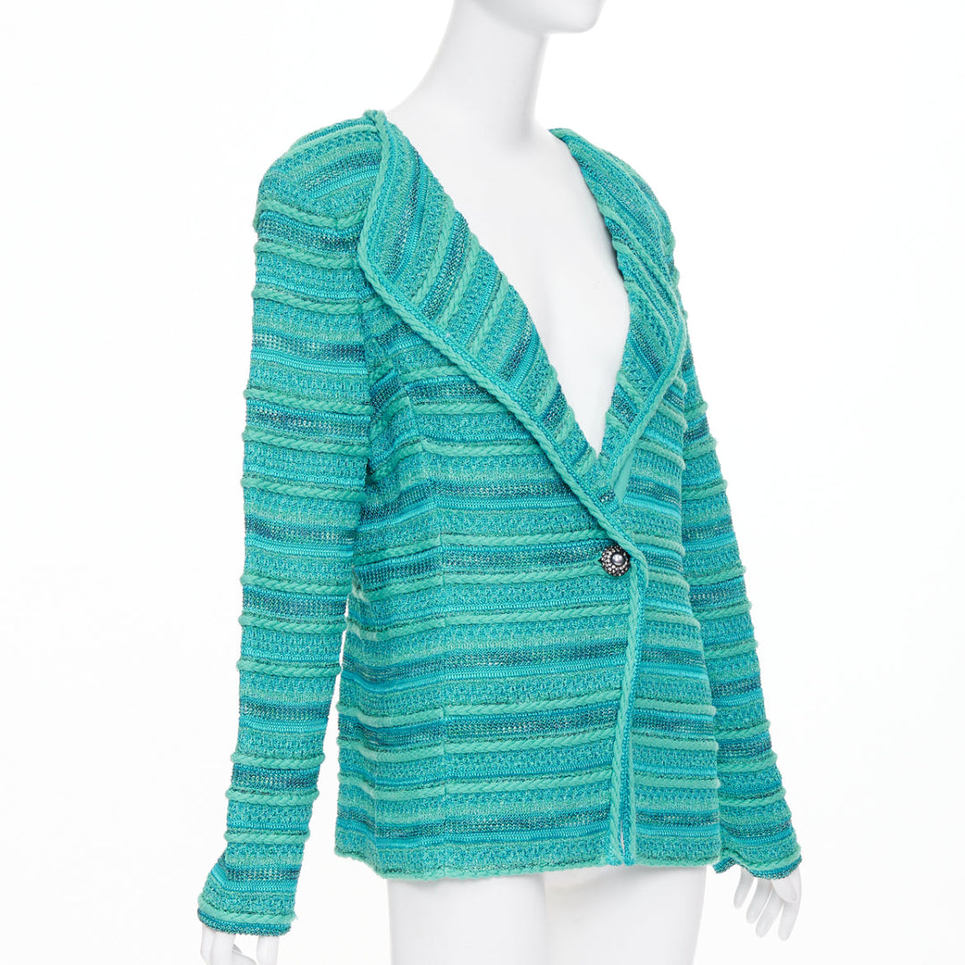 ST JOHN COUTURE turquoise blue multi knit strass button cardigan US14 3XL