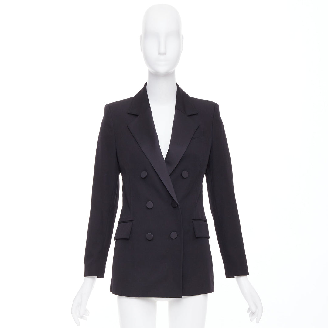 RACIL Hatanaka black wool pique satin trim double breasted tuxedo blazer FR34 XS