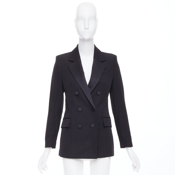 RACIL Hatanaka black wool pique satin trim double breasted tuxedo blazer FR34 XS