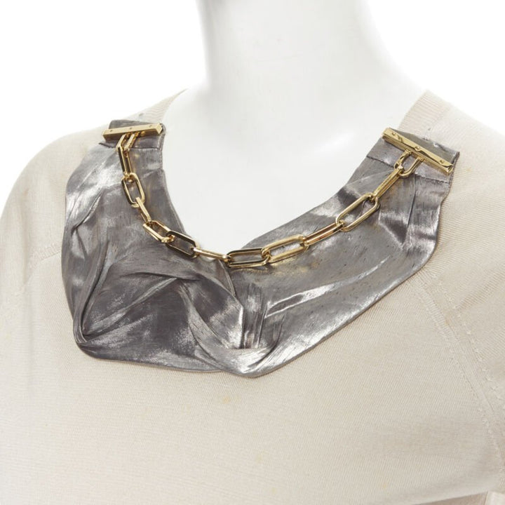 LOUIS VUITTON beige silk cotton knit gold chain necklace pullover top XS