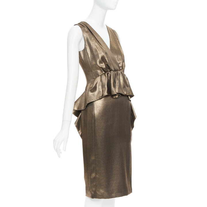 MOSCHINO rustic metallic gold draped peplum V-neck midi cocktail dress IT40 S
