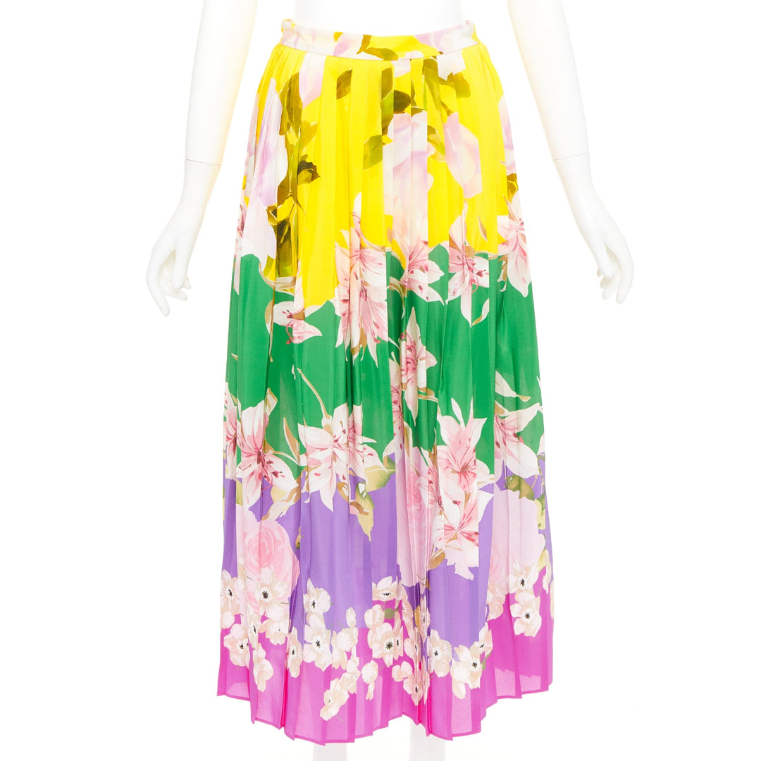 VALENTINO Flying Flowers silk colorblock pleated floral print midi skirt IT38 XS