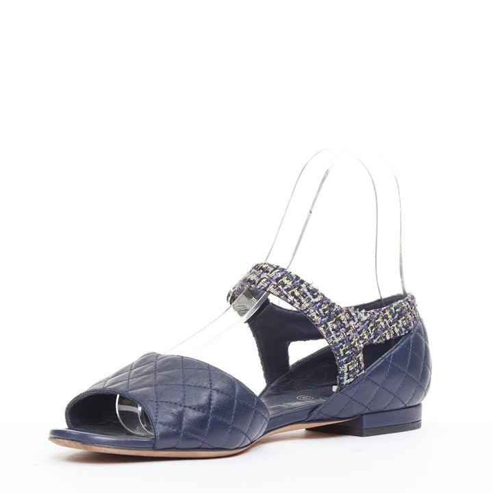 CHANEL navy quilted lambskin leather metallic tweed mary jane sandals EU39