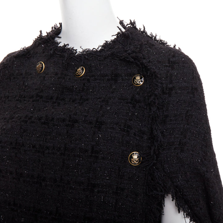 MSGM black tweed gold varsity buttons fringe trim cape coat IT38 XS