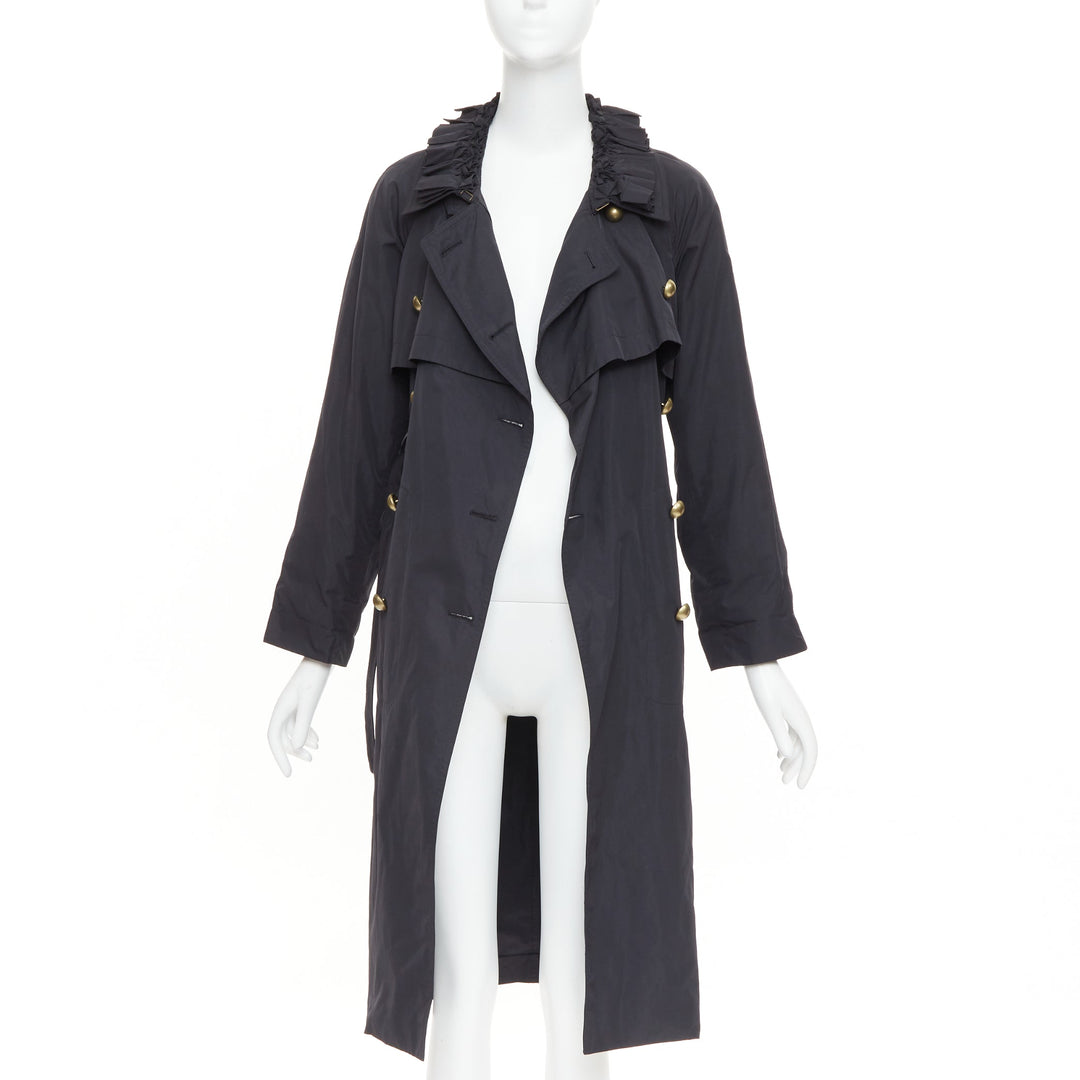 YVES SAINT LAURENT 2006 black nylon ruffle bronze button trench coat FR34 XS