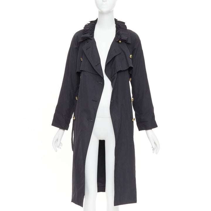 YVES SAINT LAURENT 2006 black nylon ruffle bronze button trench coat FR34 XS