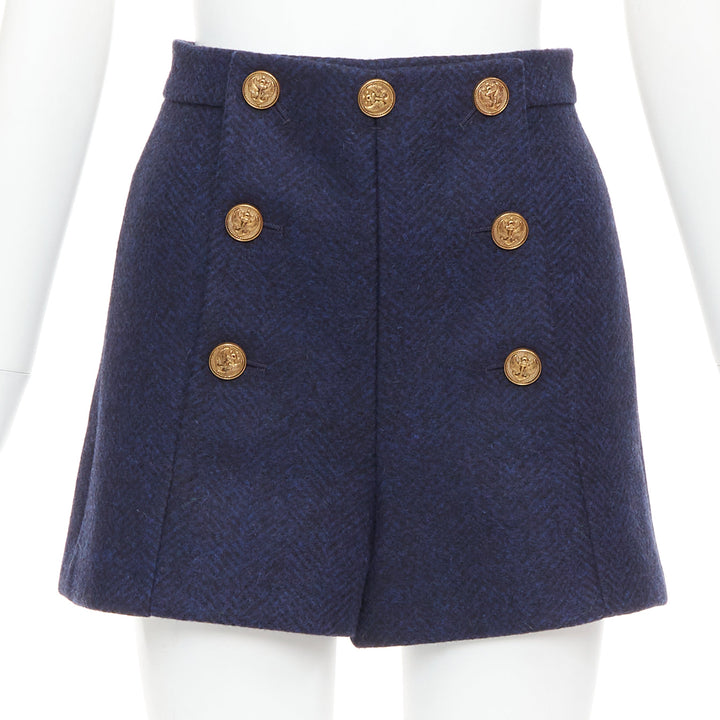 RED VALENTINO navy virgin wool nautical gold button high waist shorts IT36 XXS