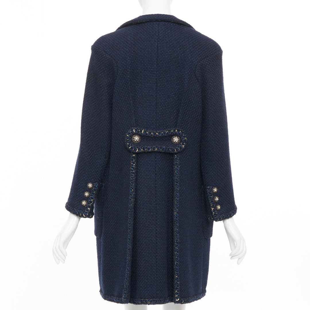 CHANEL 2015 Paris Salzburg navy alpaca blend braid trim open tweed coat FR34 XS