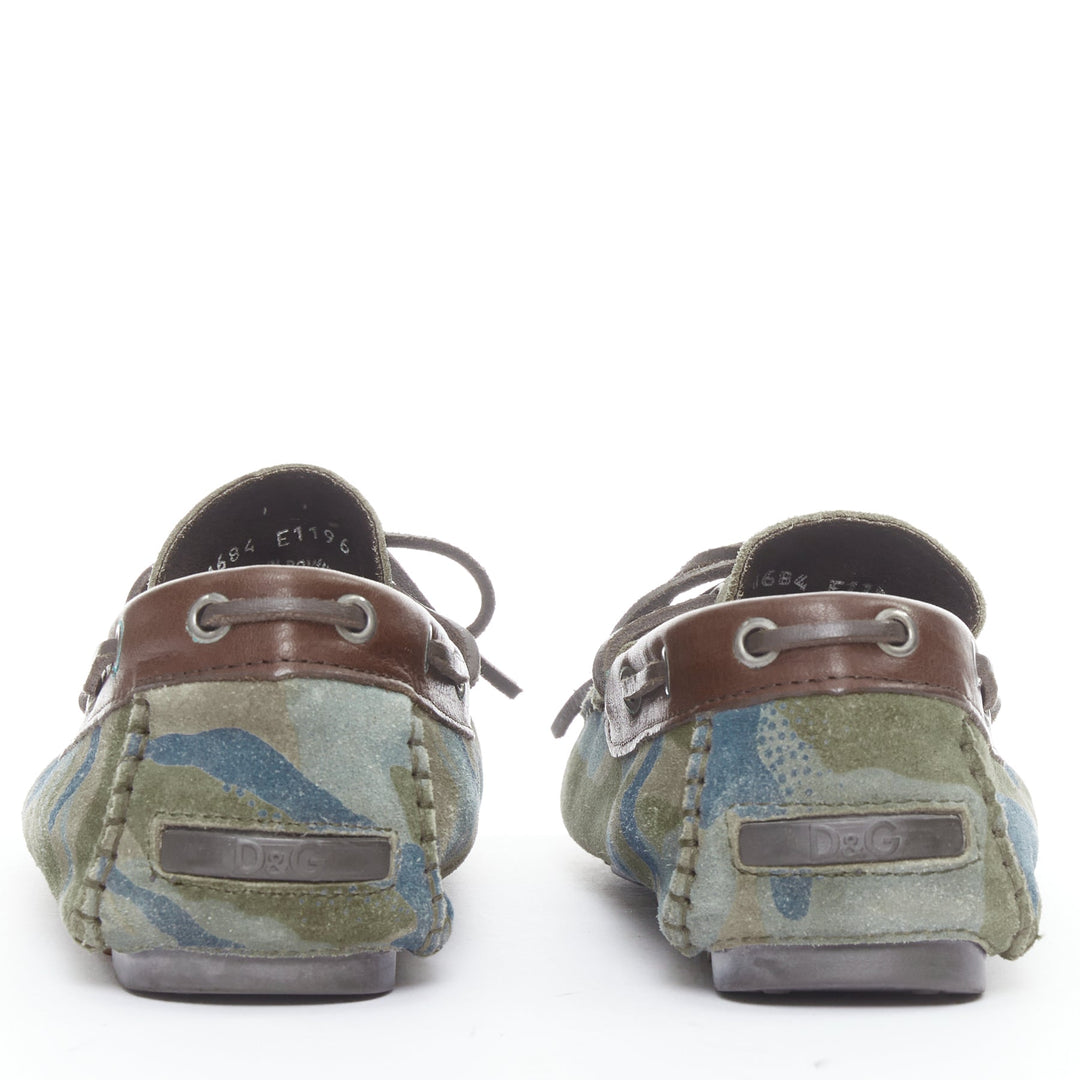 DOLCE GABBANA green brown camouflage suede driving loaers shoes EU39