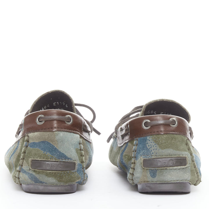 DOLCE GABBANA green brown camouflage suede driving loaers shoes EU39