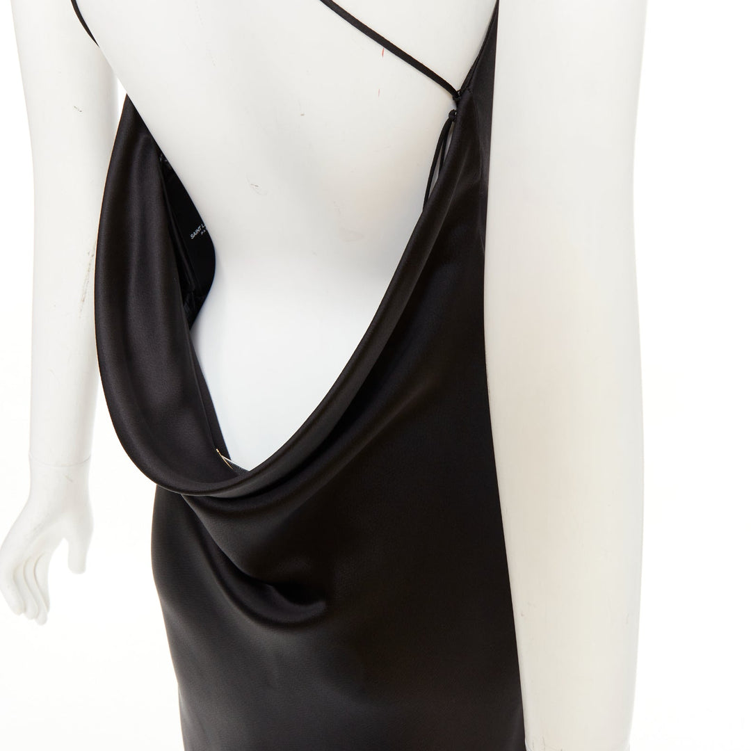 SAINT LAURENT 2022 minimalist black silk cowl neck open back mini dress FR40 L