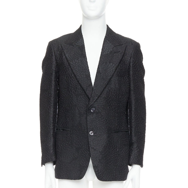 TOM FORD Cooper black floral 3D brocade peak lapel tuxedo blazer IT52 XL