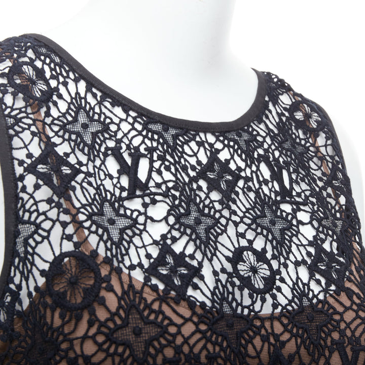 LOUIS VUITTON black overlay LV monogram lace A-line dress FR38 M