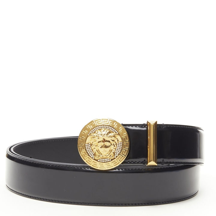 VERSACE Medusa Biggie crystal gold coin black leather belt 90cm 34-38"
