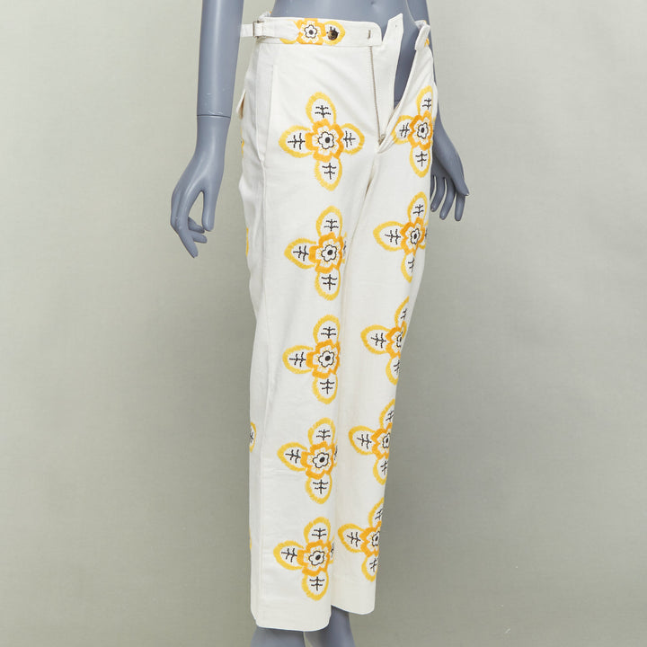 BODE Buttercup ecru yellow embroidery floral straight leg pants 25"