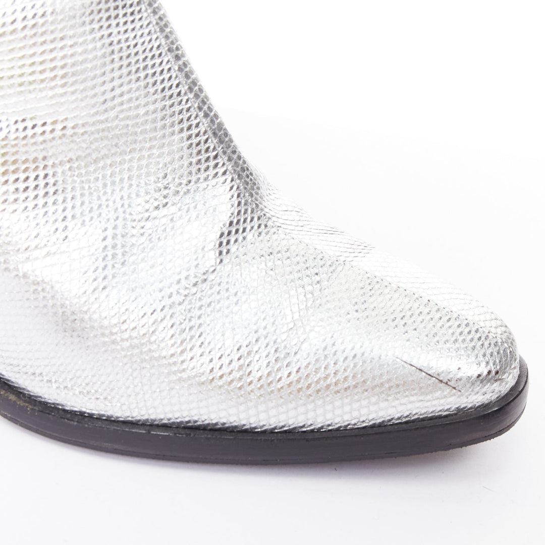 ROGER VIVIER silver texture leather slanted block heel western booties EU37