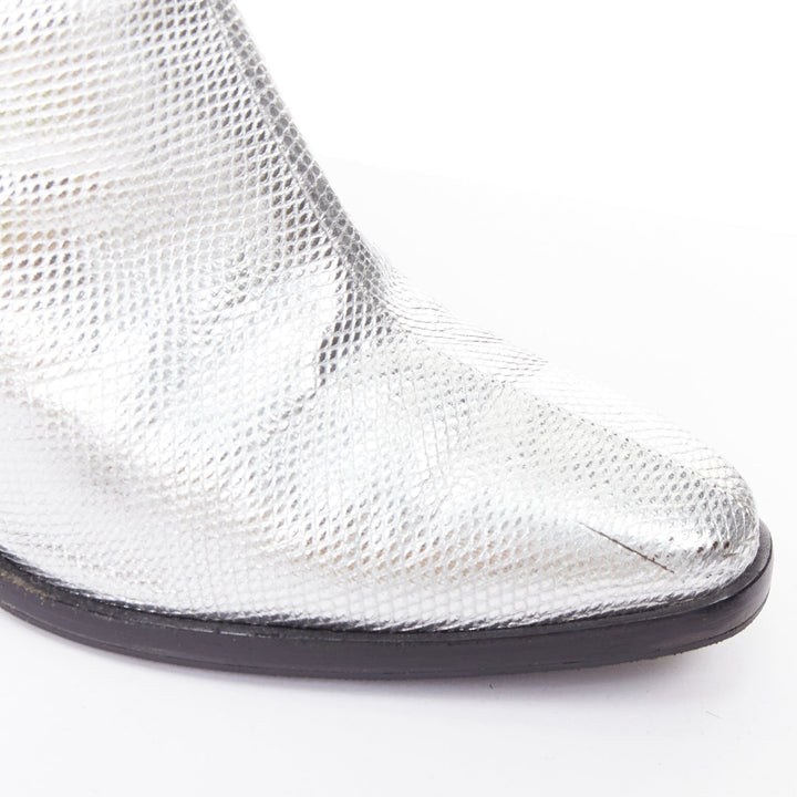 ROGER VIVIER silver texture leather slanted block heel western booties EU37