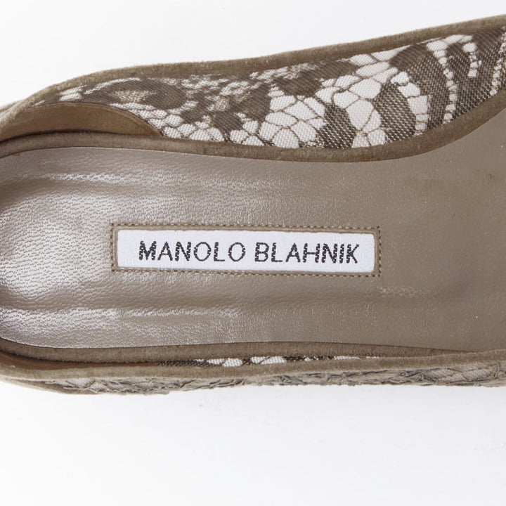 MANOLO BLAHNIK grey lace suede pointy toes flat shoes EU37.5