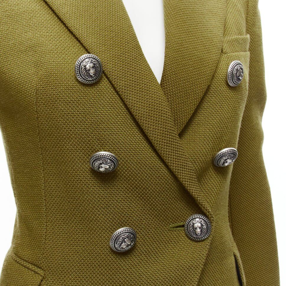 BALMAIN green silver lion button double breasted military blazer jacket FR38 M