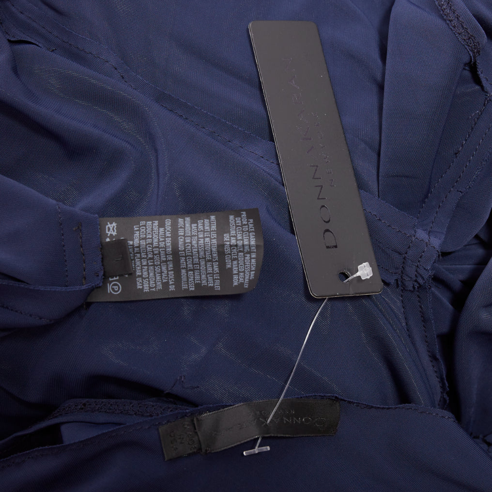 DONNA KARAN navy cold shoulder lunge neck draped grecian gown dress L