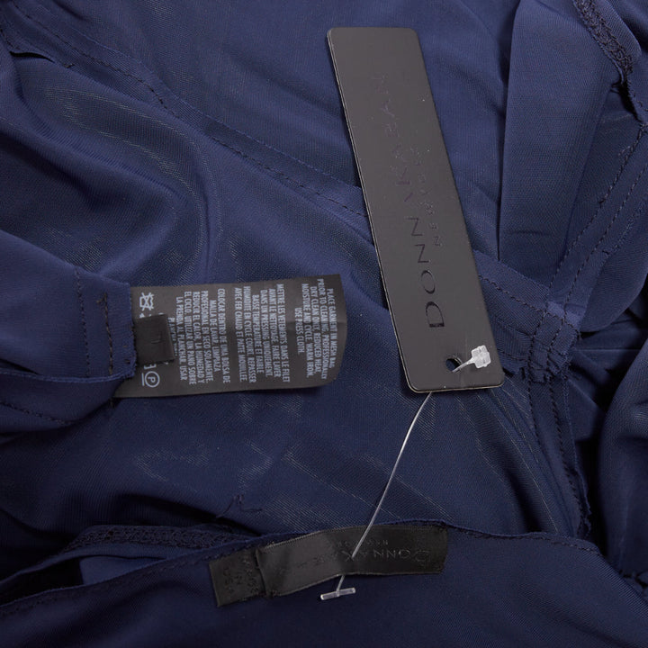 DONNA KARAN navy cold shoulder lunge neck draped grecian gown dress L