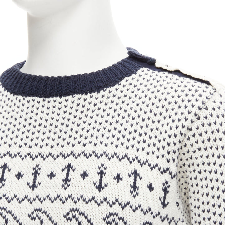 THOM BROWNE off white navy nautical octopus intarsia  ringer sweater SZ.3 L