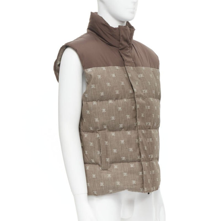 FENDI script FF Zucca monogram jacquard cotton down puffer vest jacket EU46