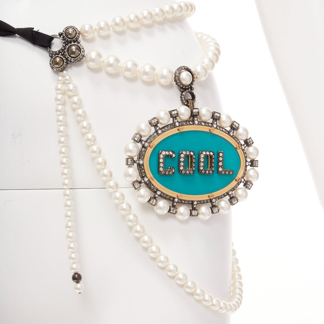 LANVIN 2013 Alber Elbaz blue COOL pendant pearl ribbon tiered belt necklace